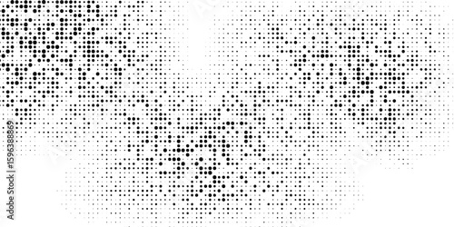 Halftone dotted pattern. Black and white halftone gradient. Geometric halftone. Random size dots. Transparent background.