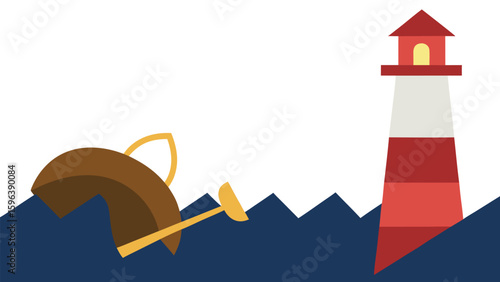 Lighthouse and capsized boat on waves vector