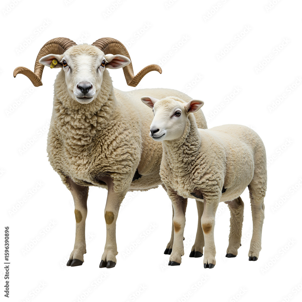 Fototapeta premium Adult ram and young lamb standing together on white background, isolated 