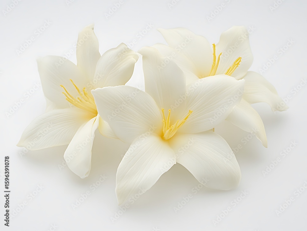 Naklejka premium Three beautiful white flowers with yellow centers on display