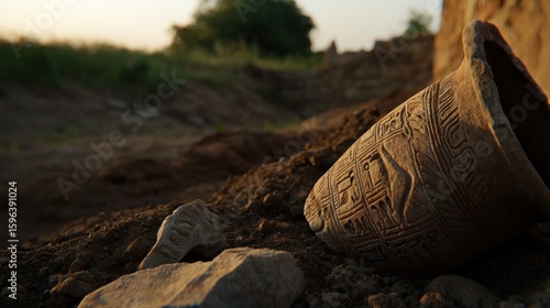 Unearthed ancient pottery in archaeological dig site with background ruins