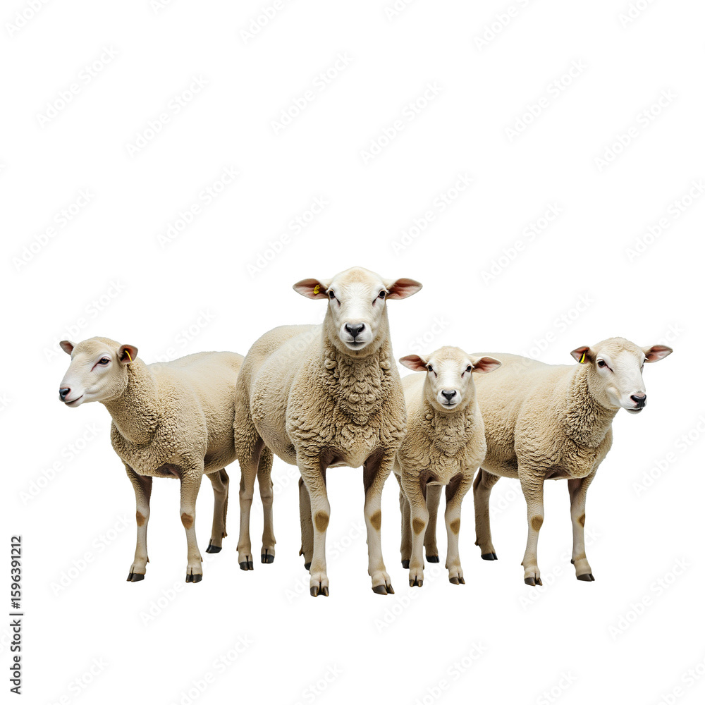 Fototapeta premium Group of four sheep standing together on white background , isolated