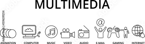 Banner multimedia concept. Vector icons and keywords