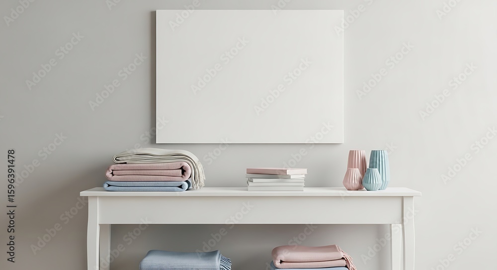 Fototapeta premium Cozy Blankets and Vases on Table with Blank Canvas