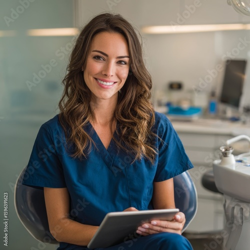 A friendly dentist smiling, holding a tablet while sitting in a dentist's chair