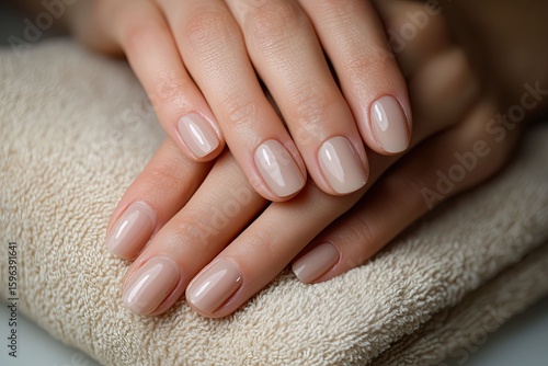 Women's hands on towel with light manicure close-up