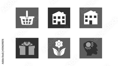 Shopping basket house gift flower brain icons vector