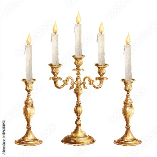 A golden candelabra with five lit candles against a pure background, radiating warmth and illumination. Each candle illuminates a soft, inviting glow.