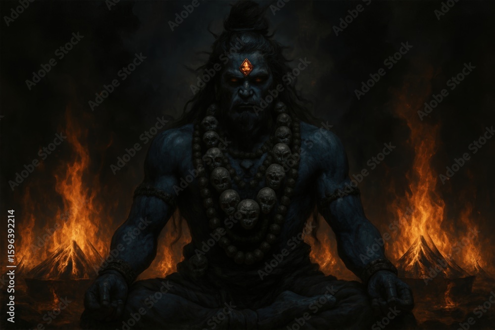 Fototapeta premium Dark Mythical Sorcerer with Skull Jewelry Meditating in Fiery Lava Landscape