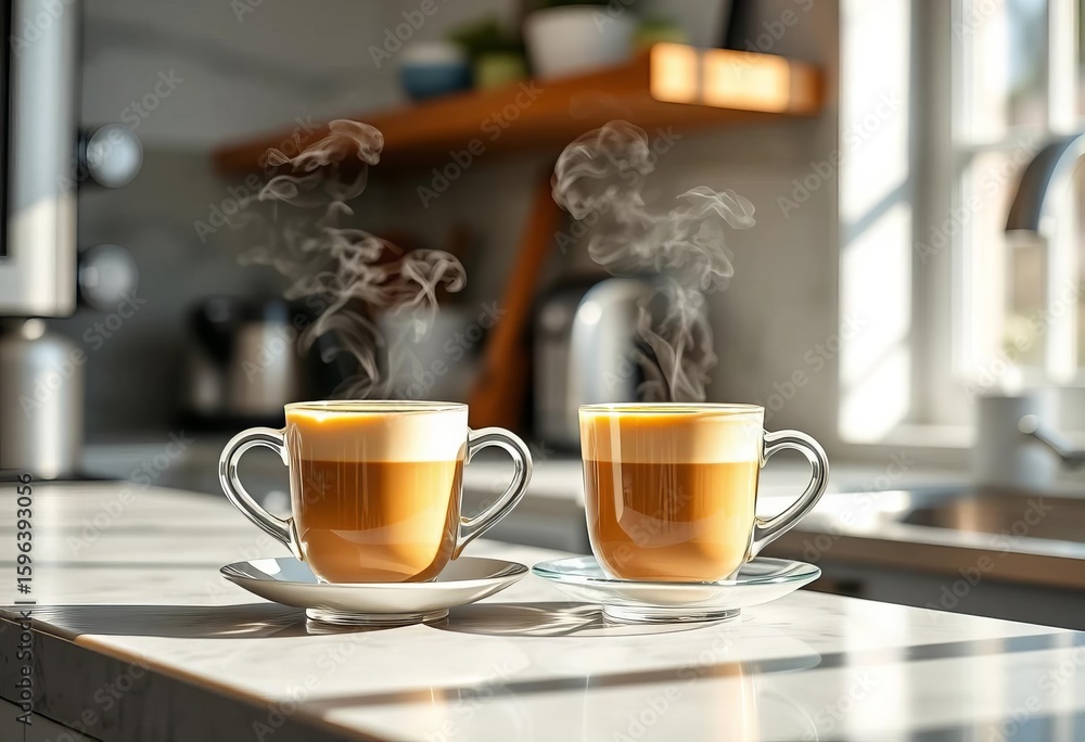 Obraz premium Two steaming espresso cups on kitchen counter, morning sunlight, beverage, awakening