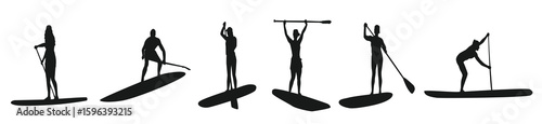 silhouette sup board stand up paddle boarding isolated white background.