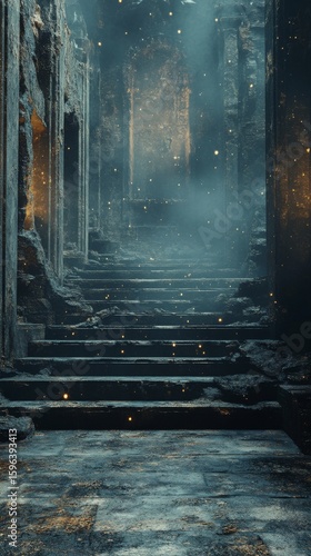 Ancient Stairway Leading to Light with Foggy Atmosphere
