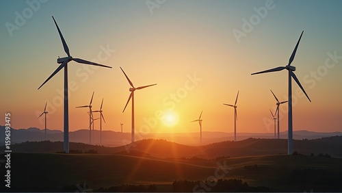 Wind turbines stand silhouetted against a vibrant sunset, creating a serene and powerful landscape.