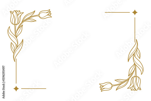 Golden floral frame with tulips and decorative stars, elegant design, botanical border, simple and modern style Vector Illustration