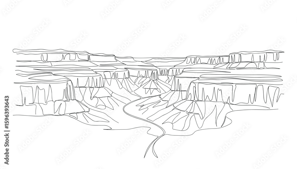 Obraz premium Grand Canyon Landscape Continuous Line Drawing, Desert Geology, Scenic View, Natural Wonder Vector Illustration.