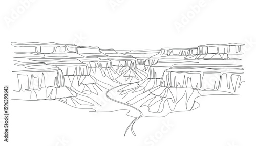 Grand Canyon Landscape Continuous Line Drawing, Desert Geology, Scenic View, Natural Wonder Vector Illustration.