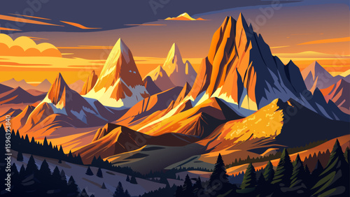 Panoramic view of the Dolomites mountain peaks glowing in golden sunset light, South Tyrol, Italy. A stunning summer scene set against a clean white background for vector illustration.