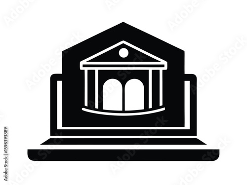 Online Banking Icon Showing Bank Building on Laptop Screen in Black and White Simple Style