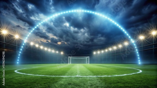 Dramatic Night Stadium Scene  An Empty Soccer Field Under a Stormy Sky with Illuminated Arc