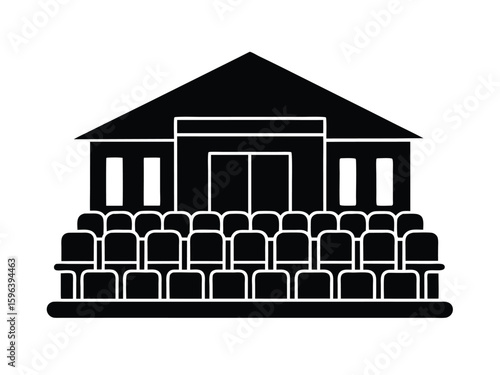 Black and white vector illustration of a theater or auditorium with rows of seats and building