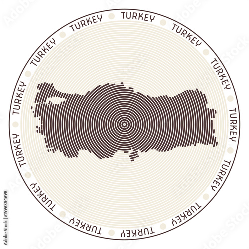 Turkey round logo design. Country shape build of rings. Turkey text around the country. Vector Illustration.