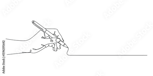 Hand Holding Pen Writing Line Continuous Outline Design Style Vector Illustration
