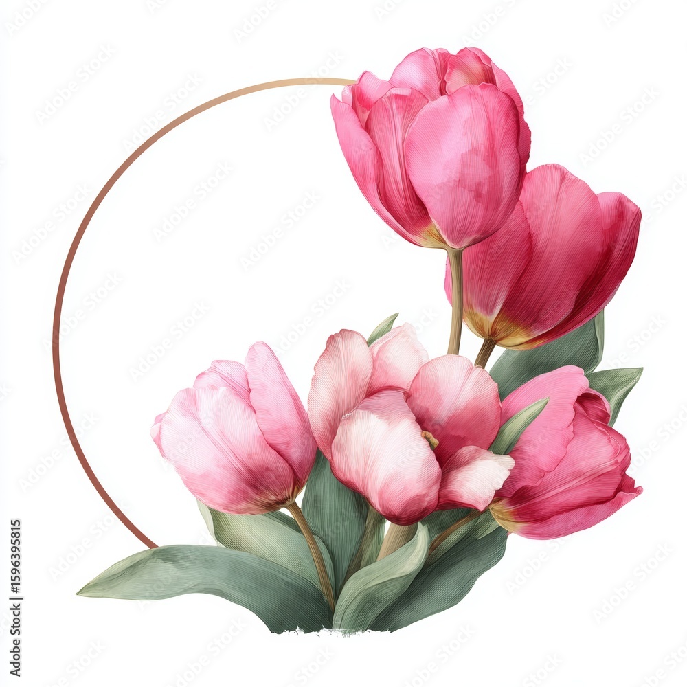 Fototapeta premium A floral composition with a circular frame and delicate pink tulips. The tulips are vibrant with lush green leaves, creating a beautiful arrangement