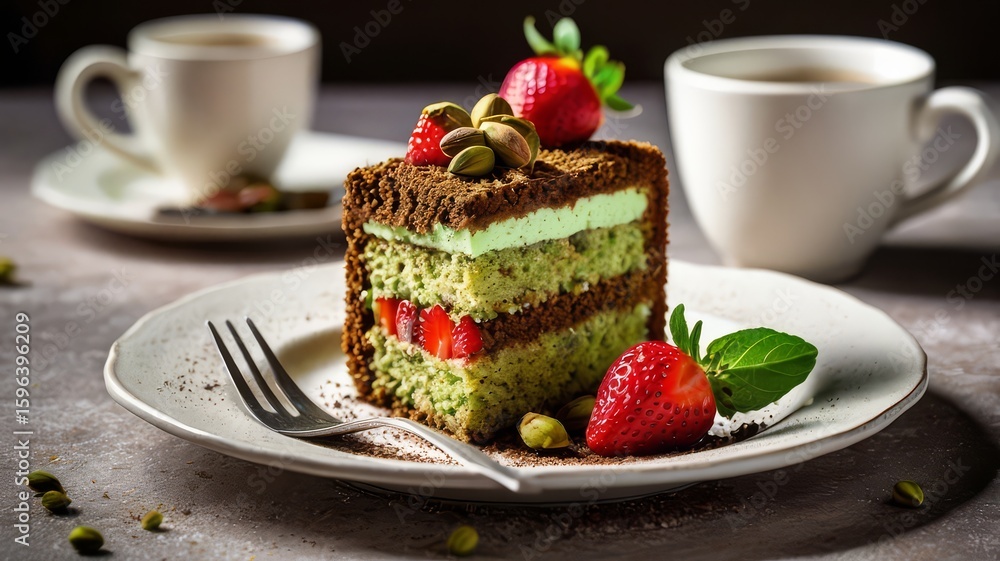 Layered Strawberry Pistachio Cake Slice with Chocolate and Coffee – Elegant Dessert Flat Lay Layered Strawberry Pistachio Cake Slice with Chocolate and Coffee – Elegant Dessert Flat Lay