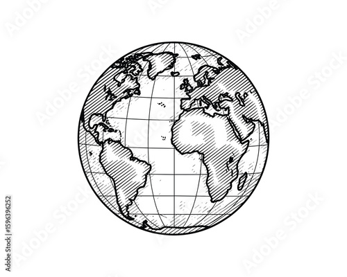 Hatched Earth Globe Map with Continents and Latitudes, Black and White Globe, World Map Vector Illustration
