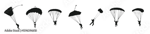 skydiving set silhouettes skydiver parachute extreme sport different pose gesture isolated