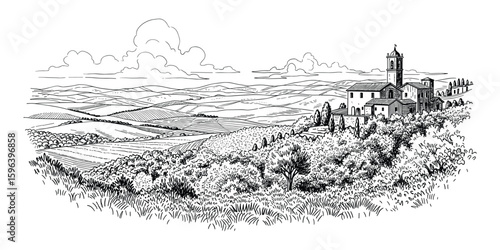 Landscape with Buildings and Fields, Hand-Drawn Style, Countryside View, Black and White Vector Illustration