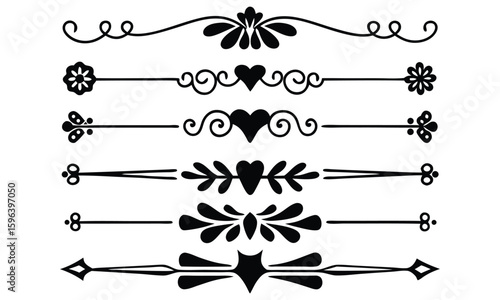 Romantic floral divider set with heart, swirl, and flower elements

