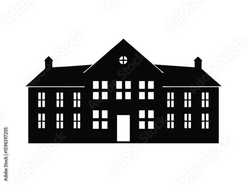 Black and White Silhouette of a Large Building with Many Windows and a Central Doorway on a White Background