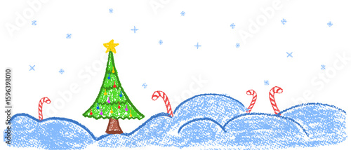 Colorful a merry Xmas scene with a Christmas tree decorated with a star and lollipop cane in snowdrifts drawn by wax-style texture. Kawaii cartoon ideal for kindergarten projects. Vector illustration