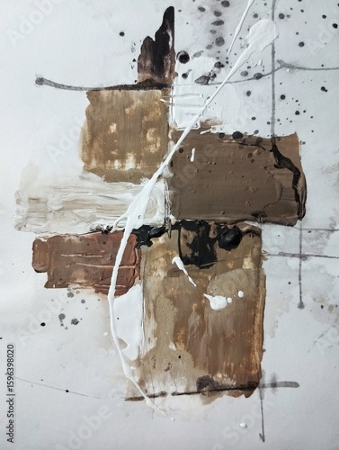 Contemporary geometric cubism abstract painting in brown earthy tone color composition