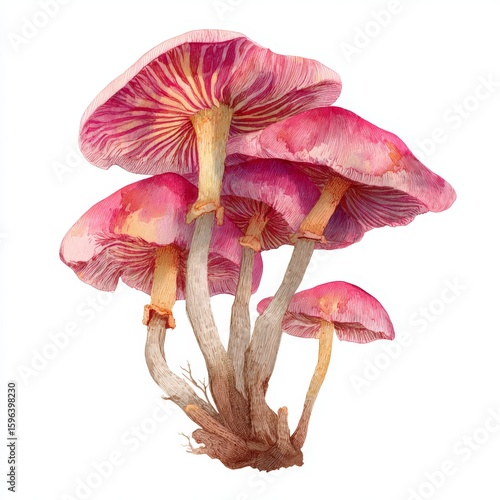 Vibrant watercolor painting of pink mushrooms clustered together