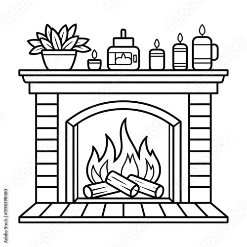 A black and white fireplace illustration vector style coloring page