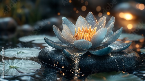 Glowing lotus flower on water, illuminated petals, dark background, digital art.
