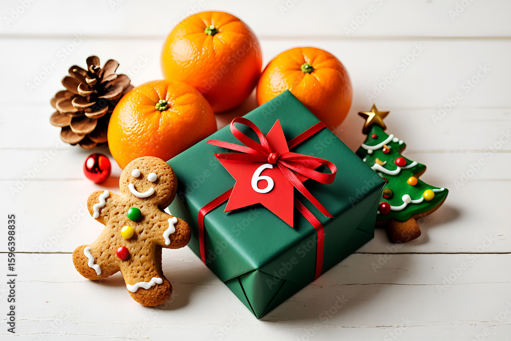 Obraz premium Festive holiday arrangement with gift and gingerbread christmas oranges