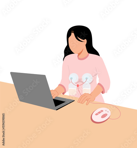Mother pumping milk while working