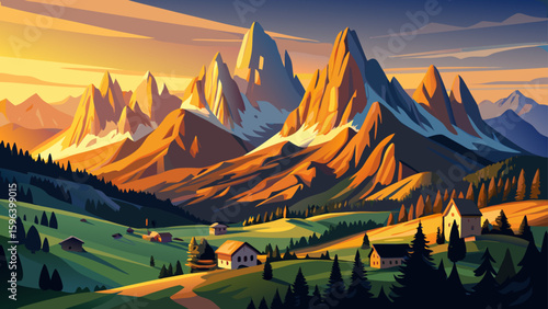 Famous Dolomites in South Tyrol, Italy, bathed in warm evening light. Panoramic peaks captured beautifully for semi-realistic vector art with white background to emphasize natural splendor.

