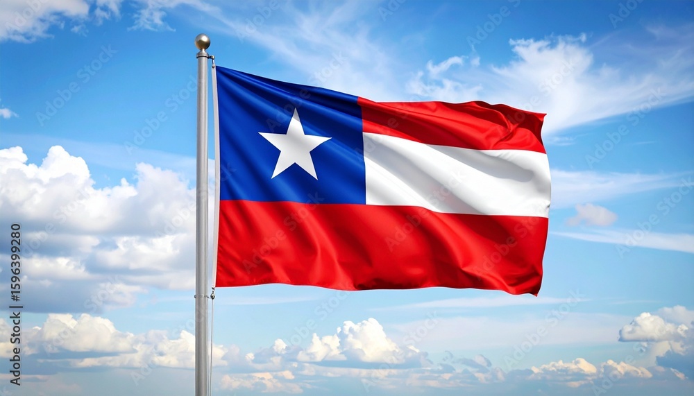 Naklejka premium Chilean flag with two horizontal stripes—white on top, red on bottom—and blue square with white five-pointed star in top-left corner, fluttering in bright sky with clouds