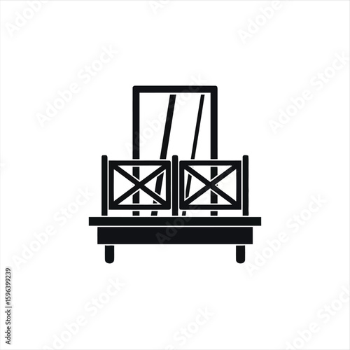 Black and white illustration of a balcony with a mirror and railings.
