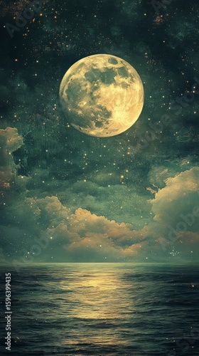 Full Moon Over Ocean Reflecting on Water Under Starry Night Sky