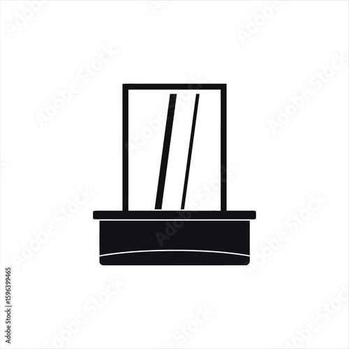 A simple black silhouette icon of a dressing table with a large mirror, isolated on a white background.