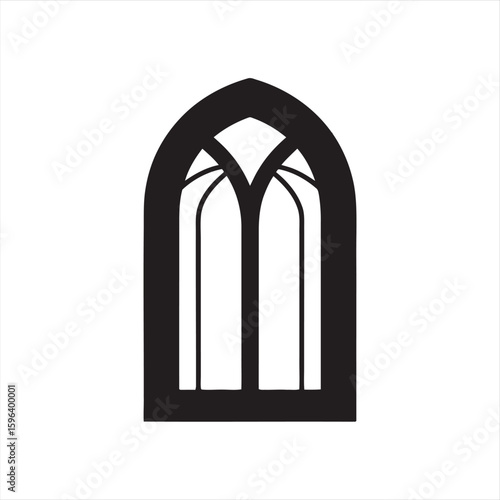 Black silhouette of a gothic arch window with pointed top and internal tracery, isolated on a white background, representing historical architecture.