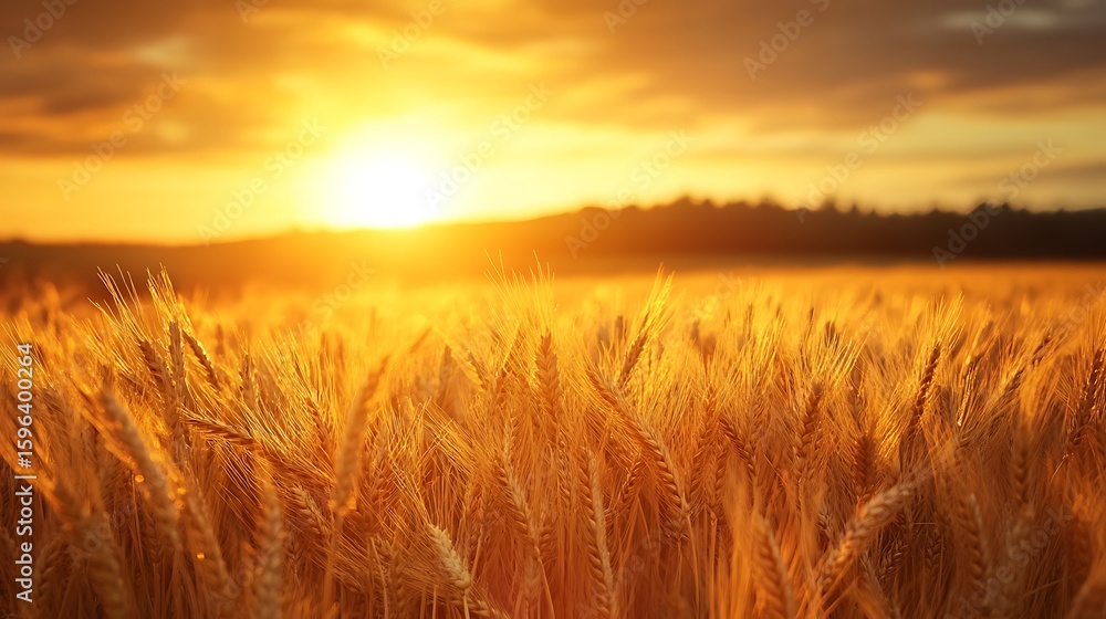 Fototapeta premium Golden wheat field at sunset under a vast, cloud-dappled sky, highlighting the serene summer agricultural landscape