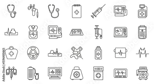 Collection of line art medical icons depicting equipment and tools.