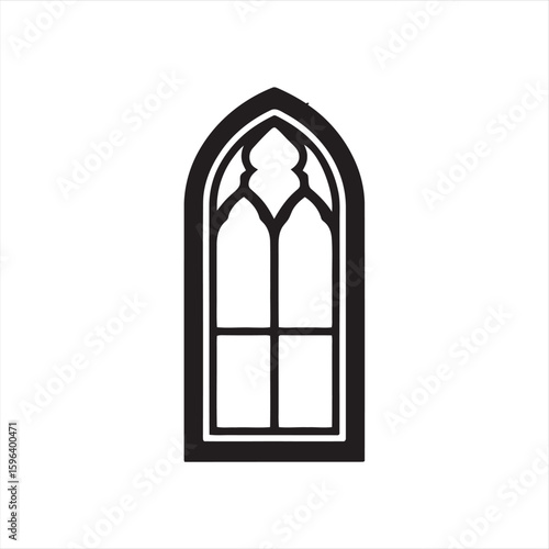 Black and white illustration of a gothic style arched window.
