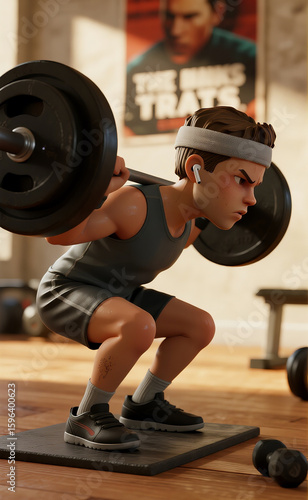 Young Determined Athlete Performs Weighted Squats in a Modern Gym Setting, Embodying Dedication and Strength Training